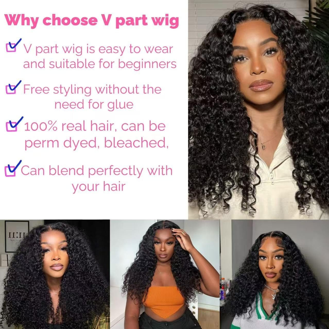 V Part Wig Human Hair Kinky Curly Half Wig for Black Women Curly V Part Wig