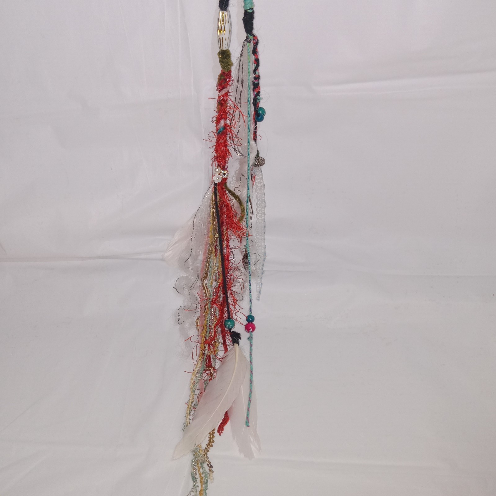 62″ double-ended Dread white loc Hair Wraps Beads Boho feather extension Ombre