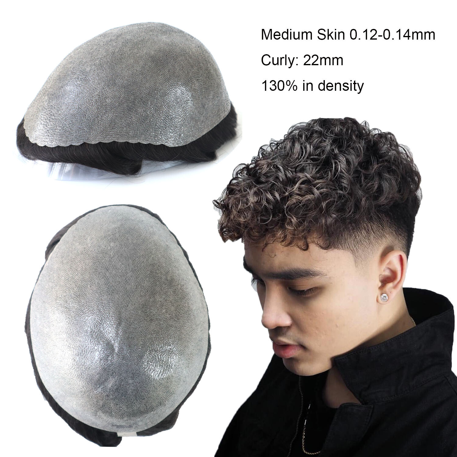 Mens Human Hair Wigs Toupee Curly Hair Replacement System Poly Skin Hair Pieces