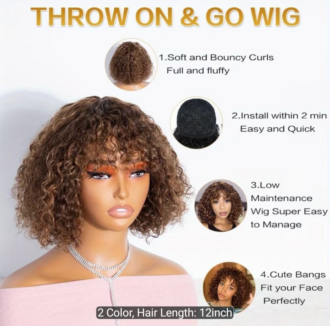 Women’s Ombre Brown 12 Inch Short Curly Bob Wig with Bangs Human Hair for Water