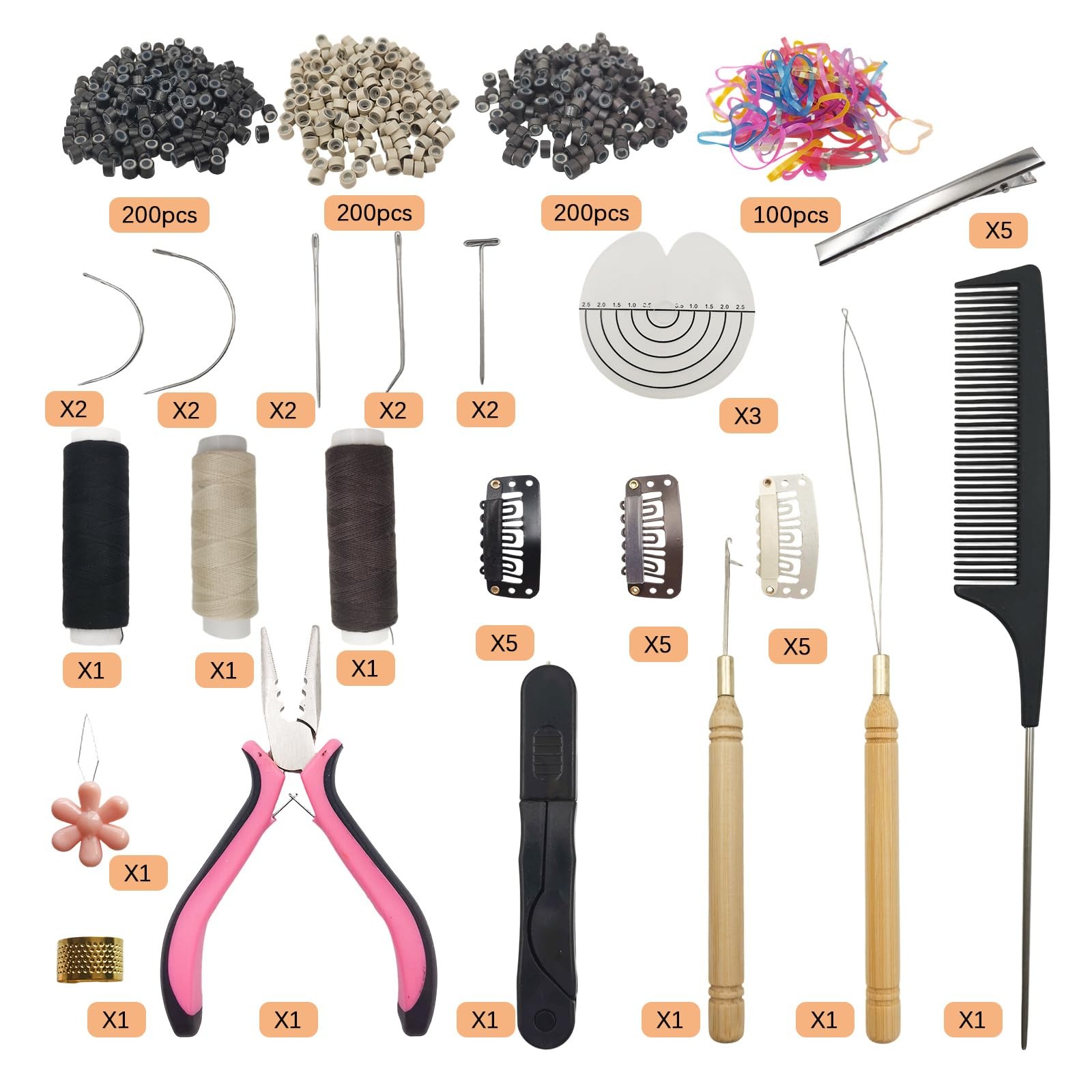 Sew in Hair Extensions Kit, Micro Ring Beads Tool 16 tools Pink/Black