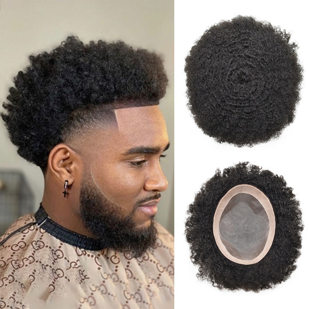 Afro Toupee for Black Men Durable Mono Afro Weave Kinky Curly Mens Wig Hair Unit