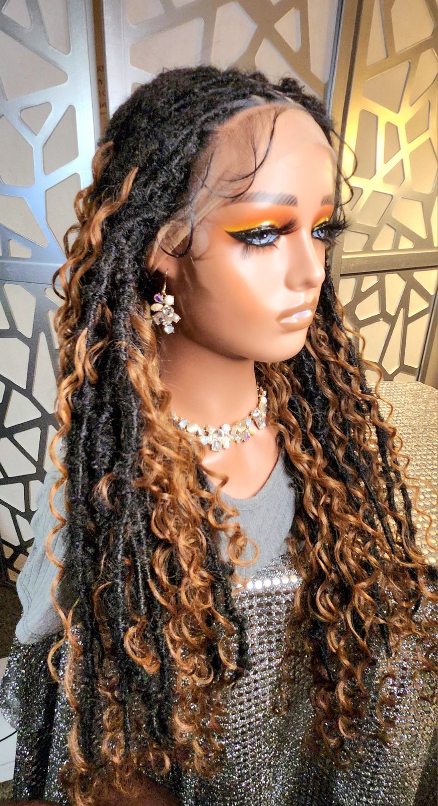 Boho Knotless Dreadlocks Wig 13×6 Lace Front Ombre Black Auburn Curly Ends