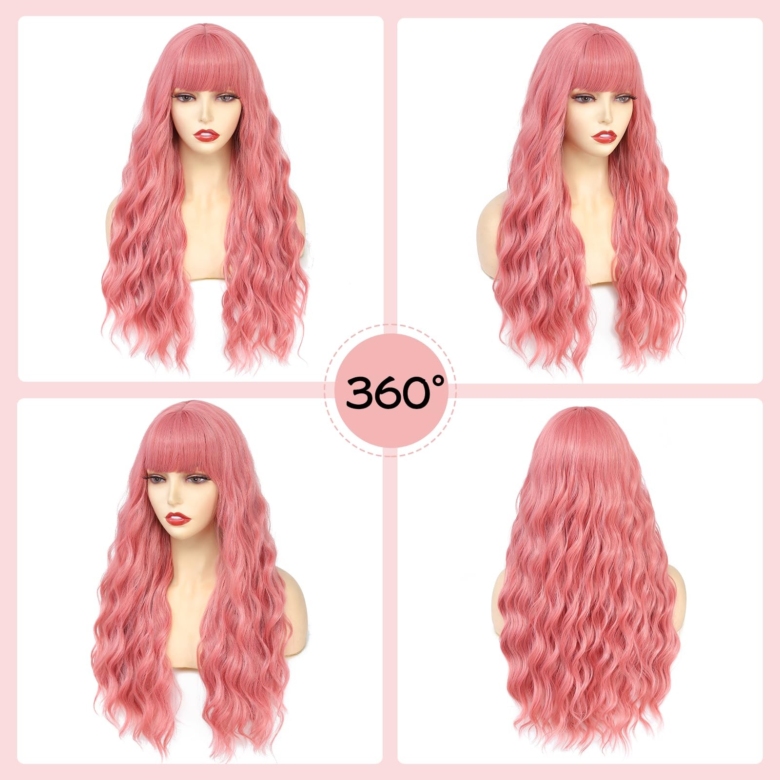 NAYOO Pink Wig with Bangs, 24″ Long Wavy Synthetic Curly Hair Replacement Women