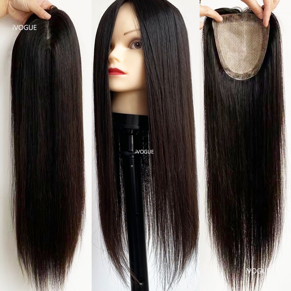 24″ Long Silk Base Virgin Human Hair Topper Women Skin Top Toupee Hair Piece 6×6