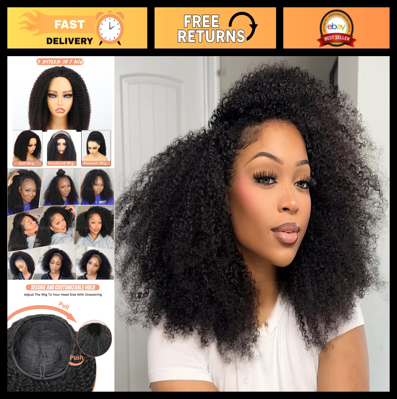 Kinky Curly Half Wig 20″ Human Hair, Seamless Flip Over, Glueless, Beginner Frie