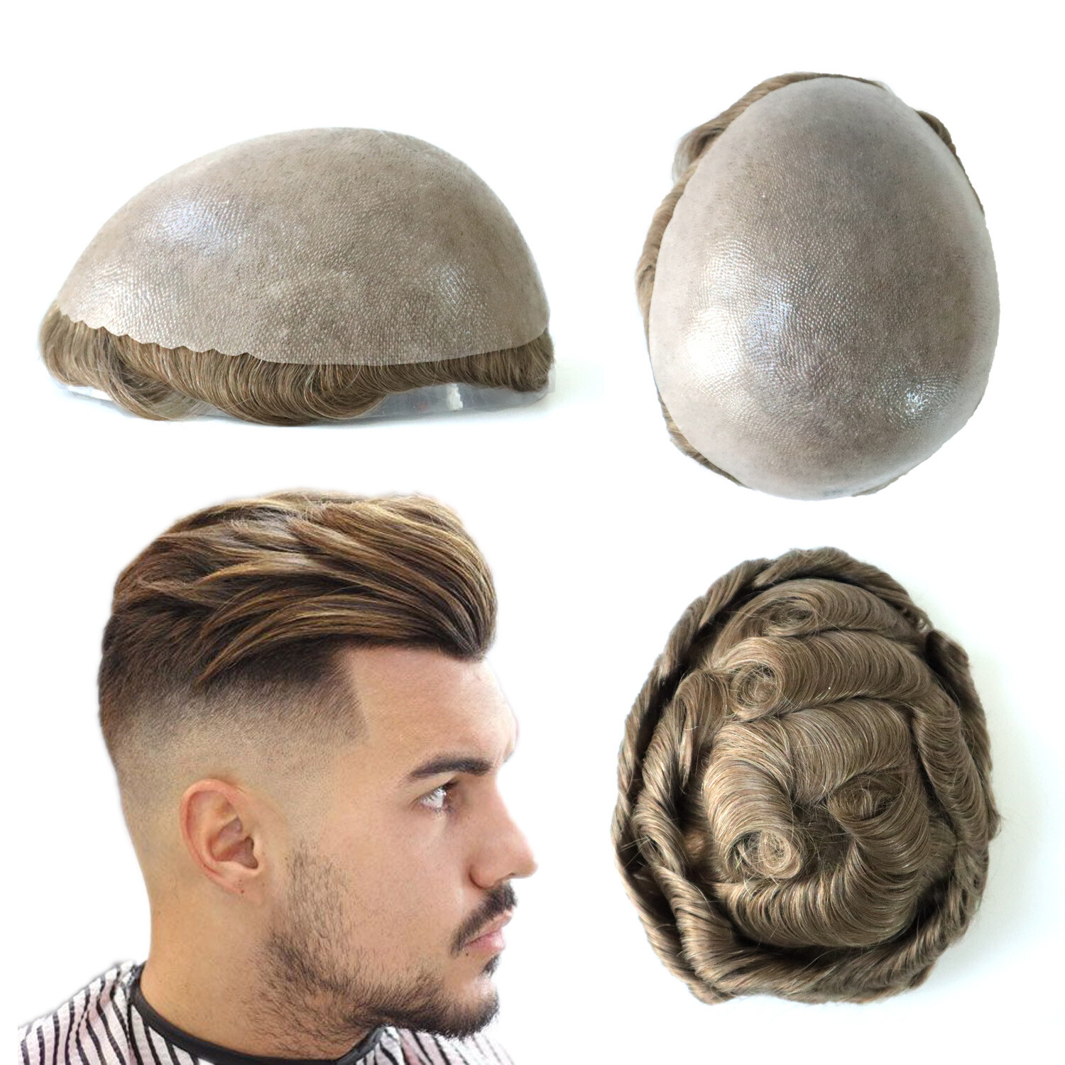 Mens Human Hair Replacement System Poly Skin Scalloped Toupee Hairpieces #20