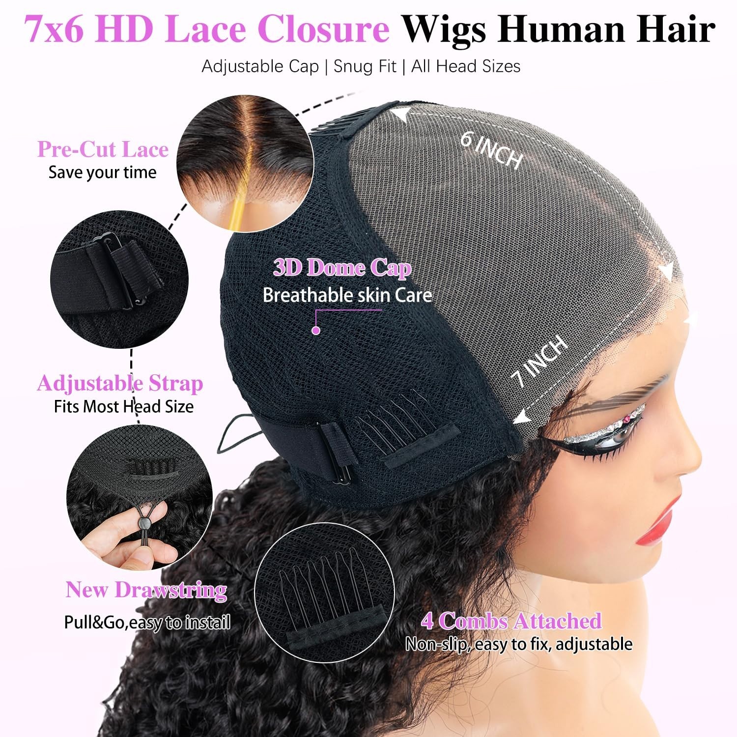 16 Inch 7×6 Curly Glueless Human Hair Wig, Pre-Plucked, 250% Density, HD Lace