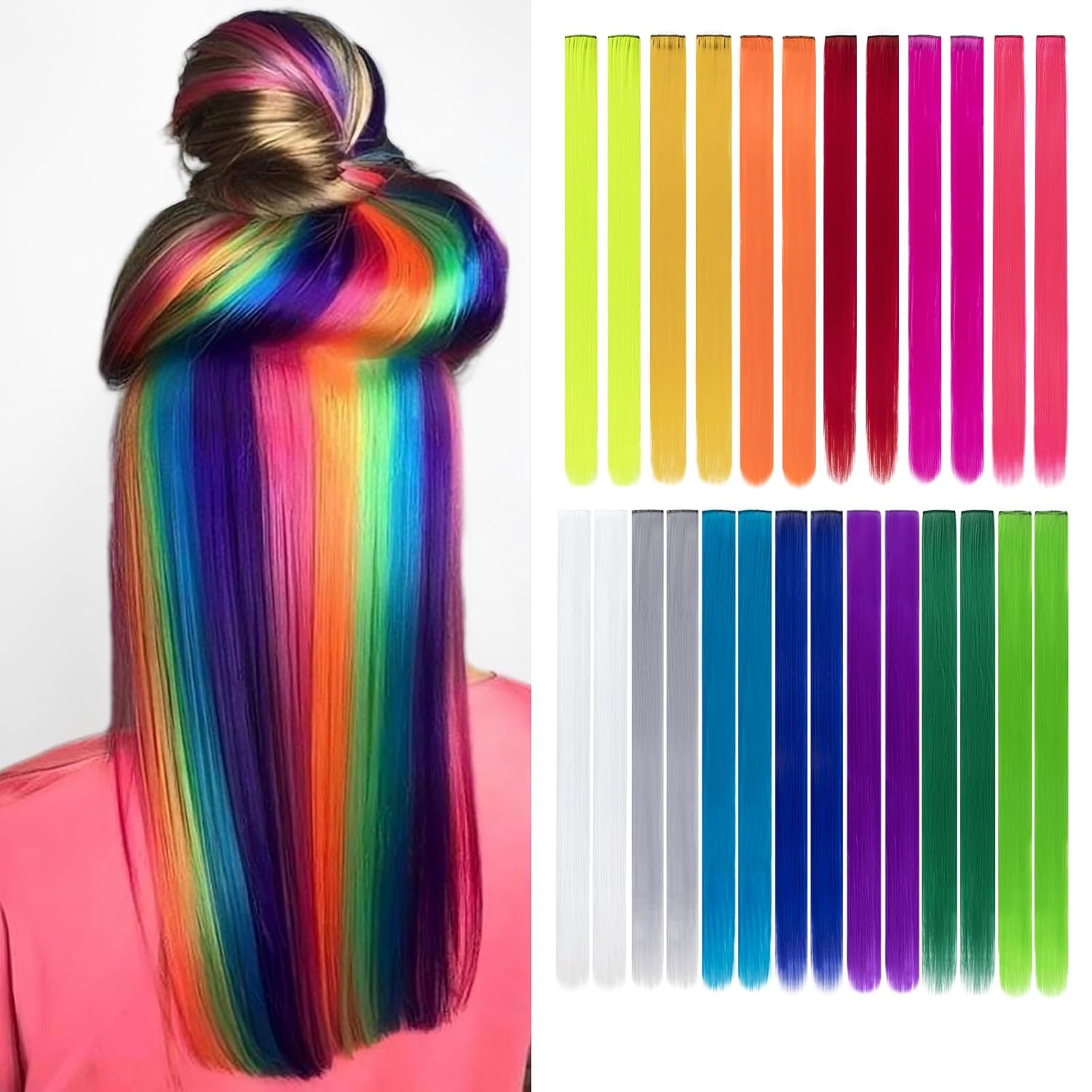 26 Packs Colored Hair Extensions 20Inch Straight Multi-Colors Party Highlights C