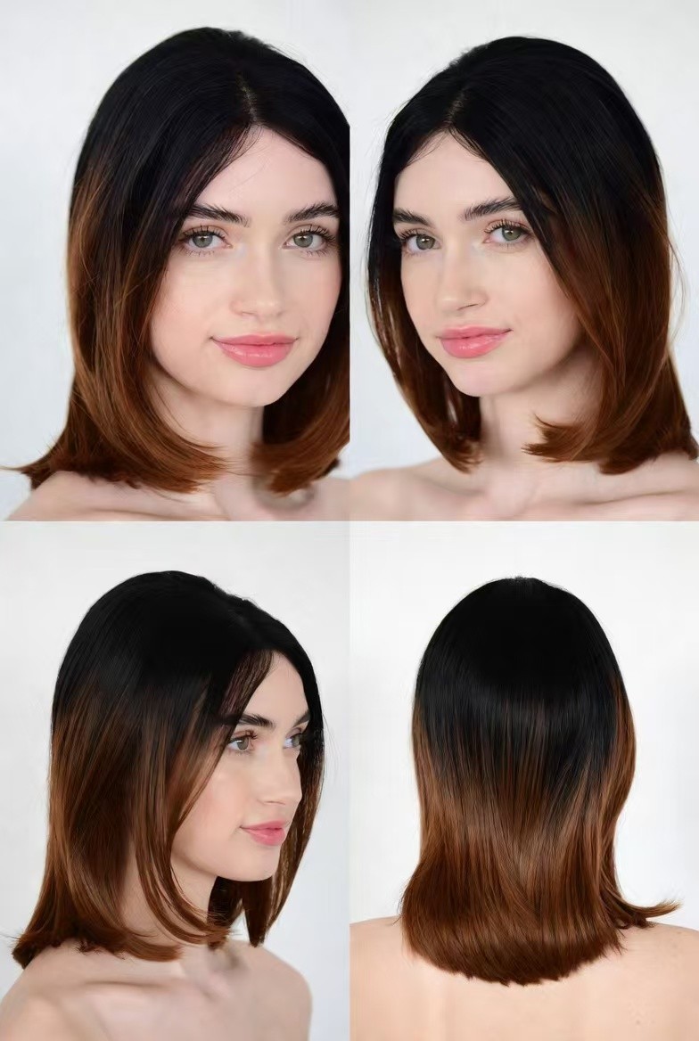 Black Root Ombre Brown Bob Wig, Middle Part Silky Straight Synthetic Wig for Lad