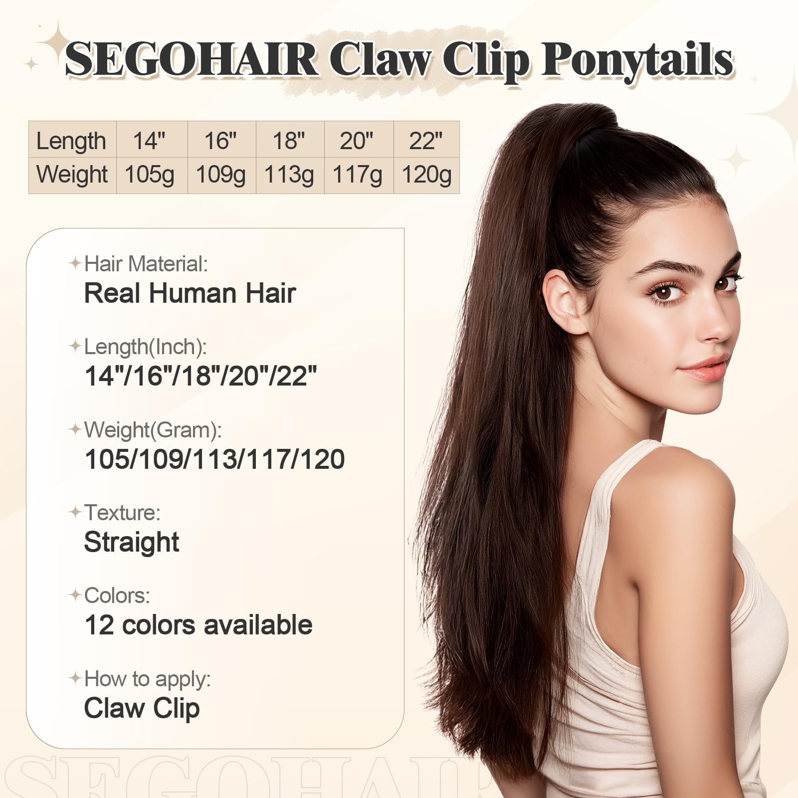 Segohair Human Hair Ponytail Extension Claw Clip Natural Look Soft 14-22 Ideal