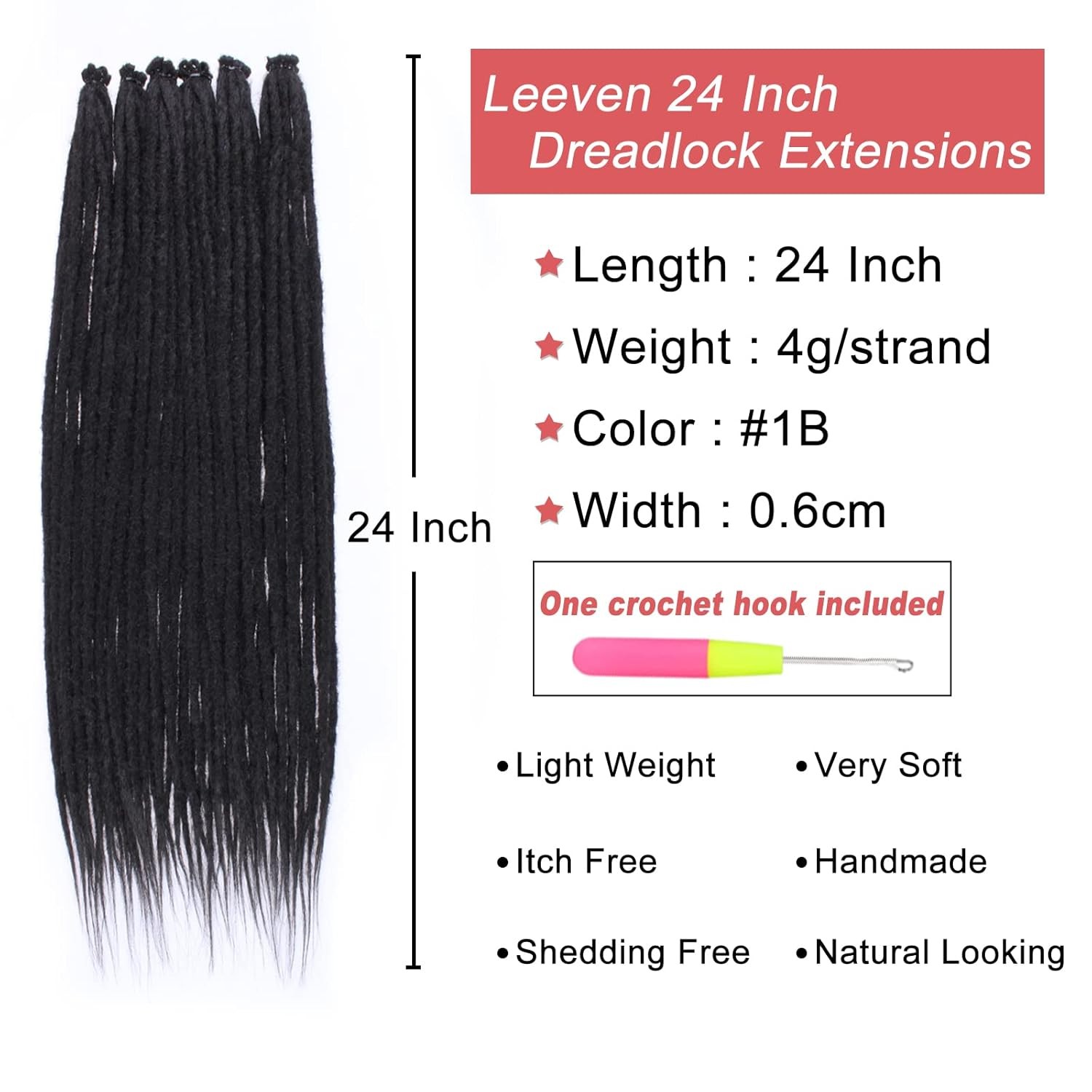 Leeven Thin 24 Inch Dreadlock Extensions 0.6 cm Width 20 Strands Natural Black S