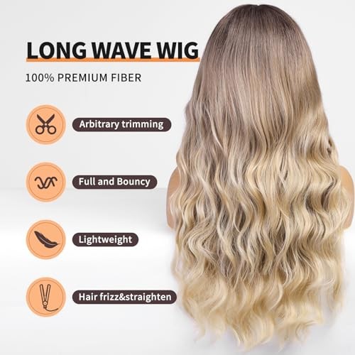 Ombre Blonde Wigs Bangs Highlight Long Wavy Wig Women Curly Synthetic Hair Party