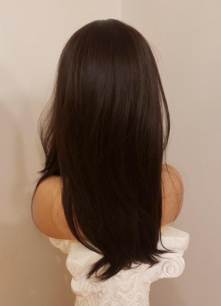 Long Straight Layered Bangs Black Human Hair Blend Full Wig Rainbow