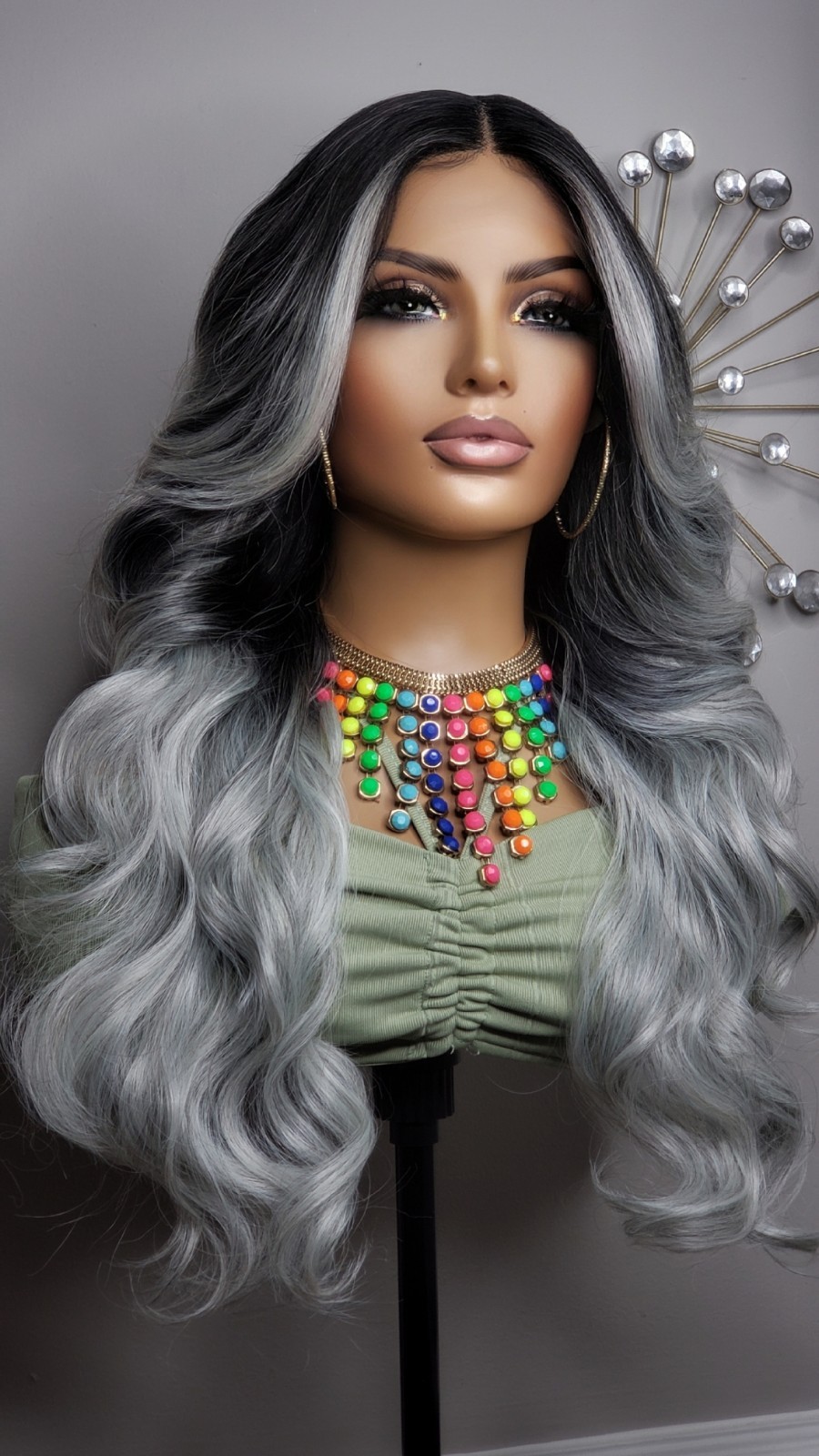 New Long Curly Money Piece Silver Gray Black Lace Front Wig Womens Wavy Style