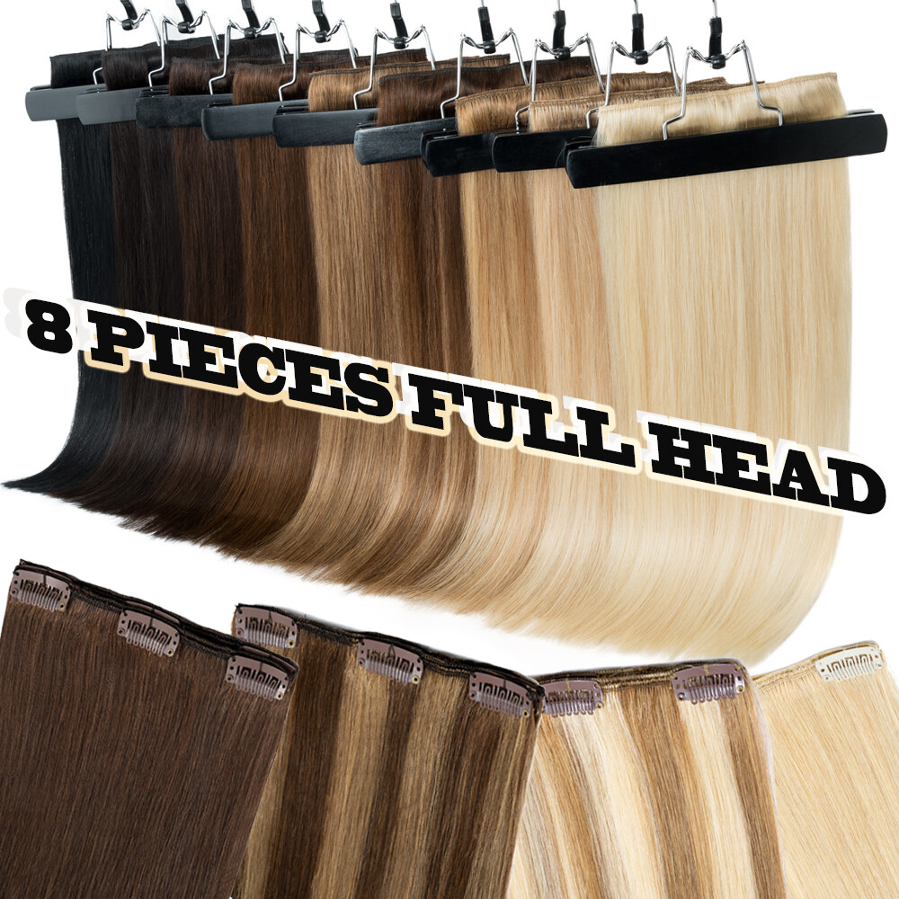 8 Pieces Clip In Real Remy Human Hair Extensions Full Head Russian Highlight US