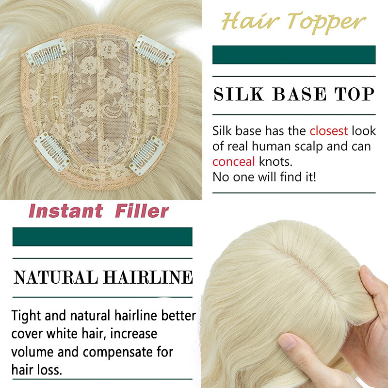 Natural AS Human Hair Topper Toupee Hairpiece Silk Base Wigs with Bangs Wave US