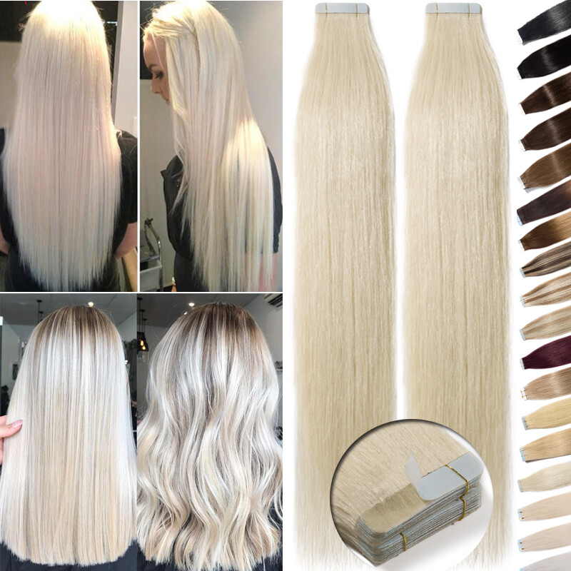 Thick 150G Tape In Remy Human Hair Extensions Full Head Skin Weft Blonde Ombre A