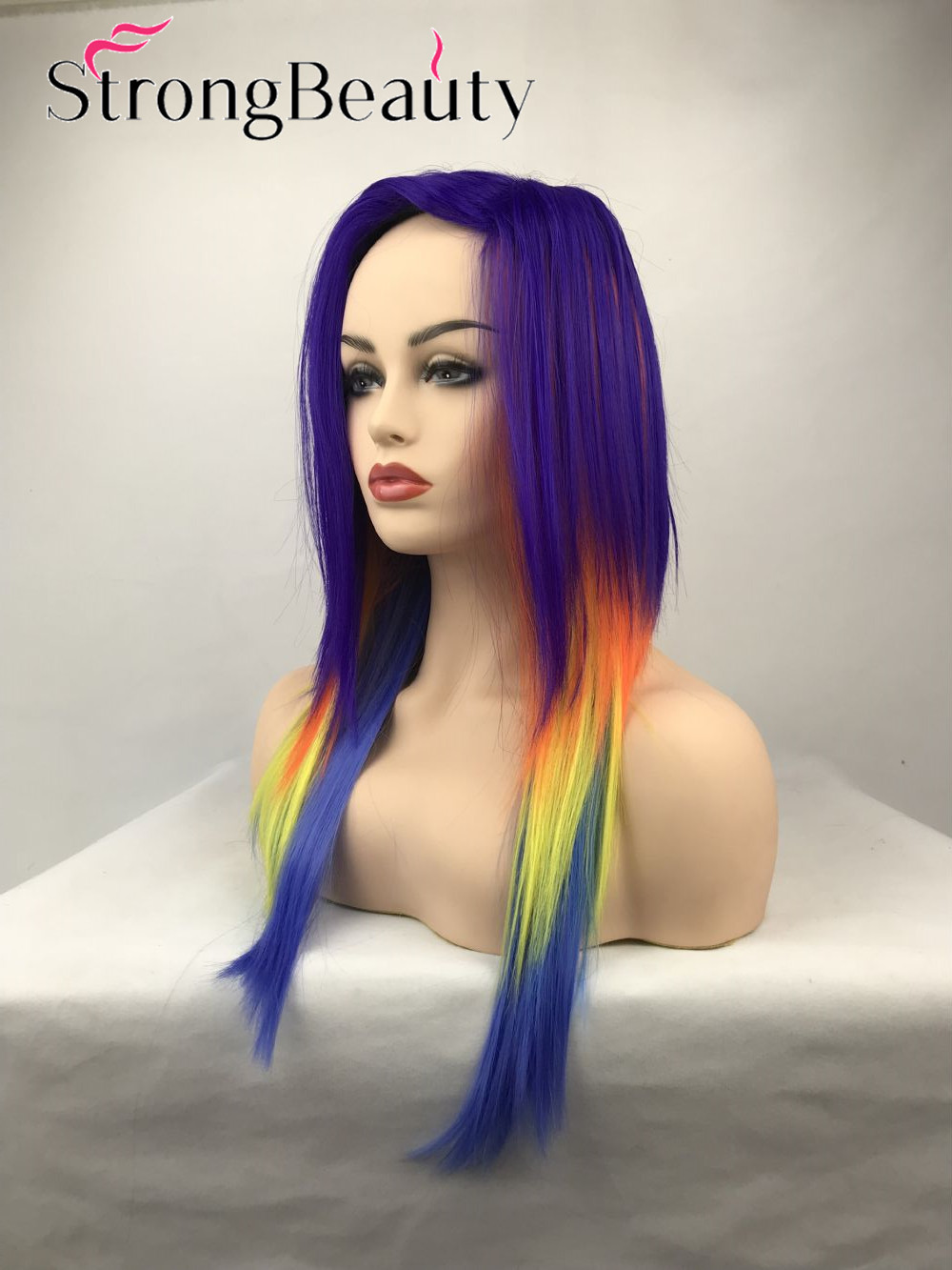 Long Rainbow Cosplay Wig Ponytail Multi Color Synthetic Wigs