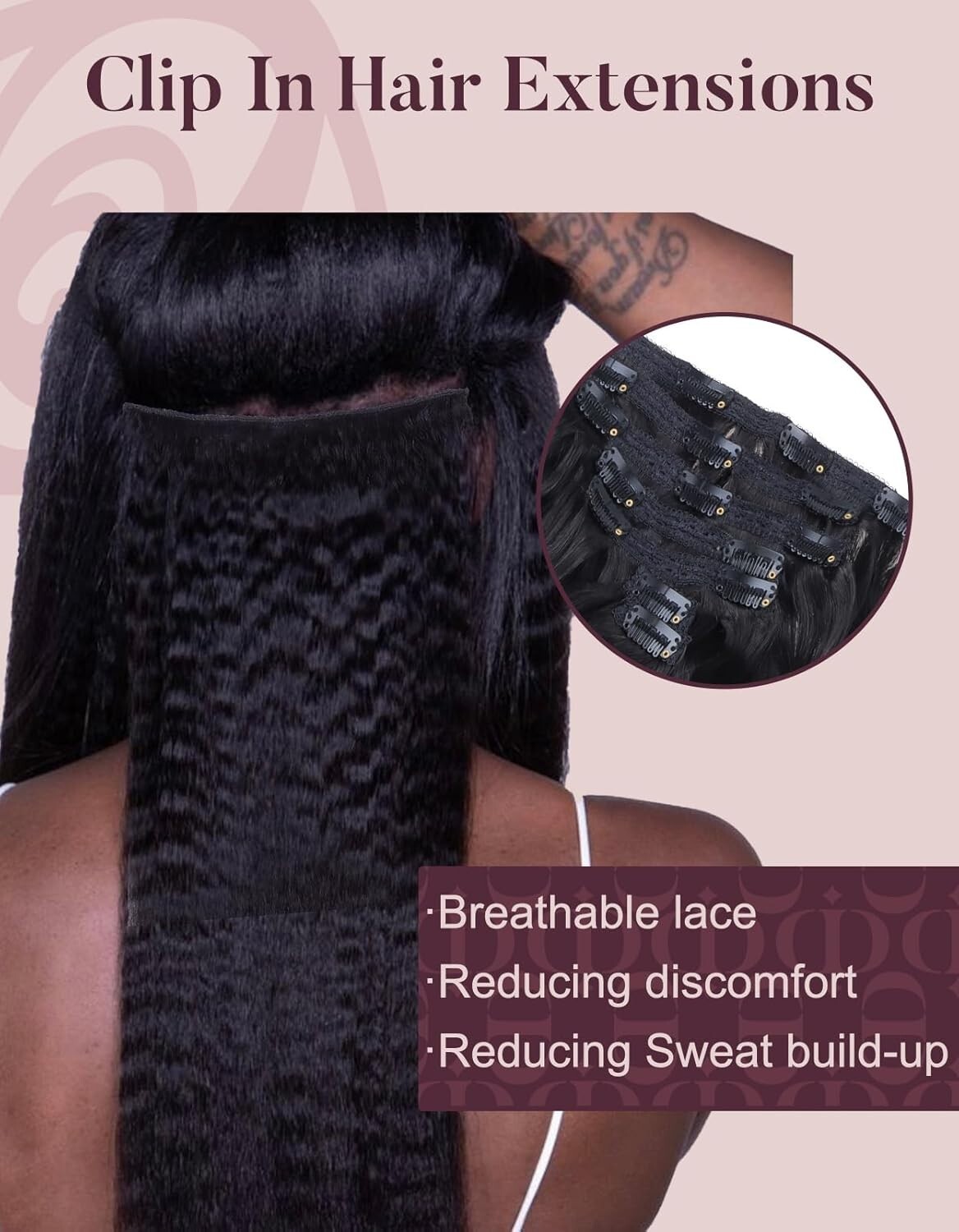 Clip in Hair Extensions with Lace Weft Natural Black, Human Hair Extensions Remy