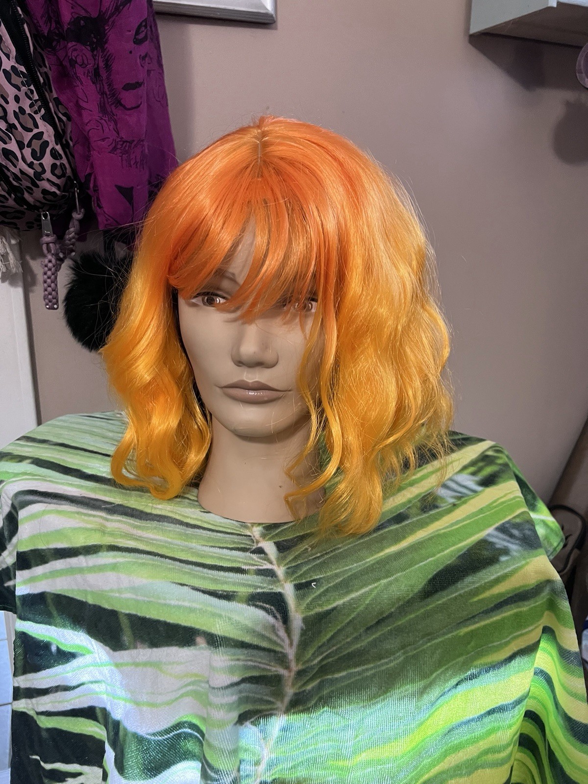 Adult Women’s Wavy Wig with Bangs Orange/Yellow Colored Hairpiece
