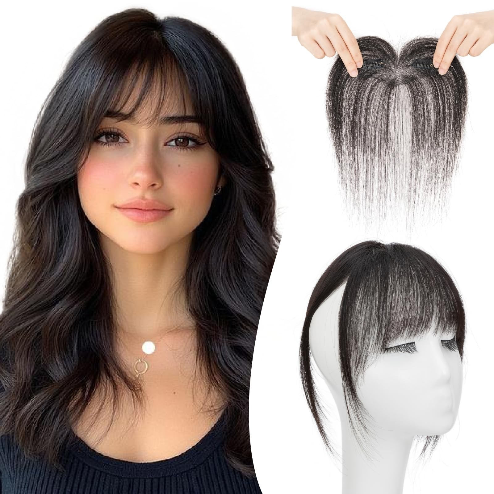 Natural Black Wispy Bangs Clip-In Human Hair Piece, No Tangle & Smooth 11g