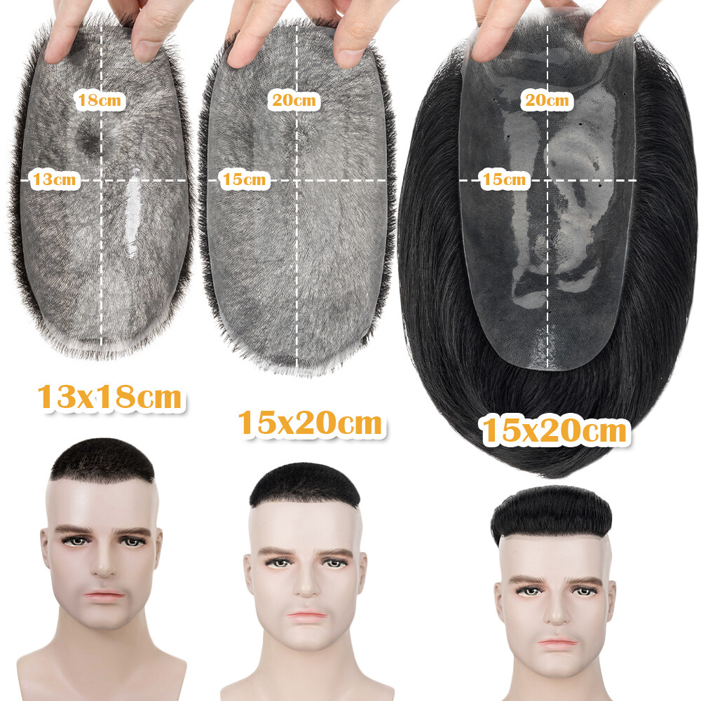 Mens Toupee Thin Skin PU/MONO Real Remy Human Hair Piece Toupee Replacement Wig