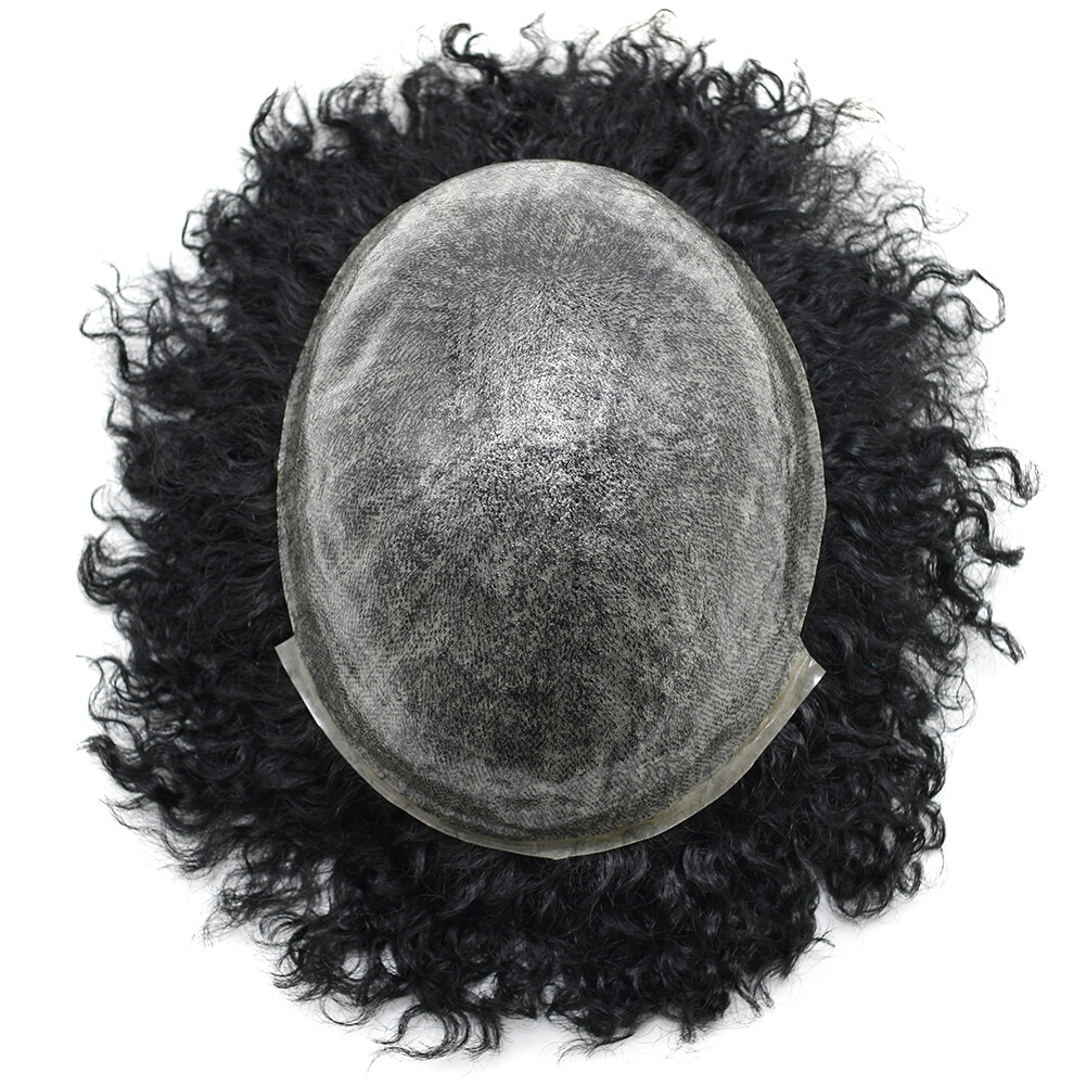 Mens Toupee Afro Curly Full Poly Skin African American Black Human Hairpiece