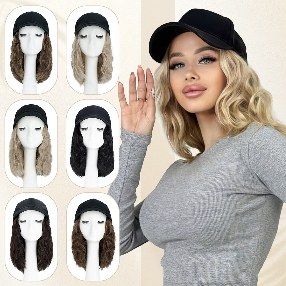 Cap with Hair Attached For Women Wigs Hat Hair Short Bob Wavy Straight Style US