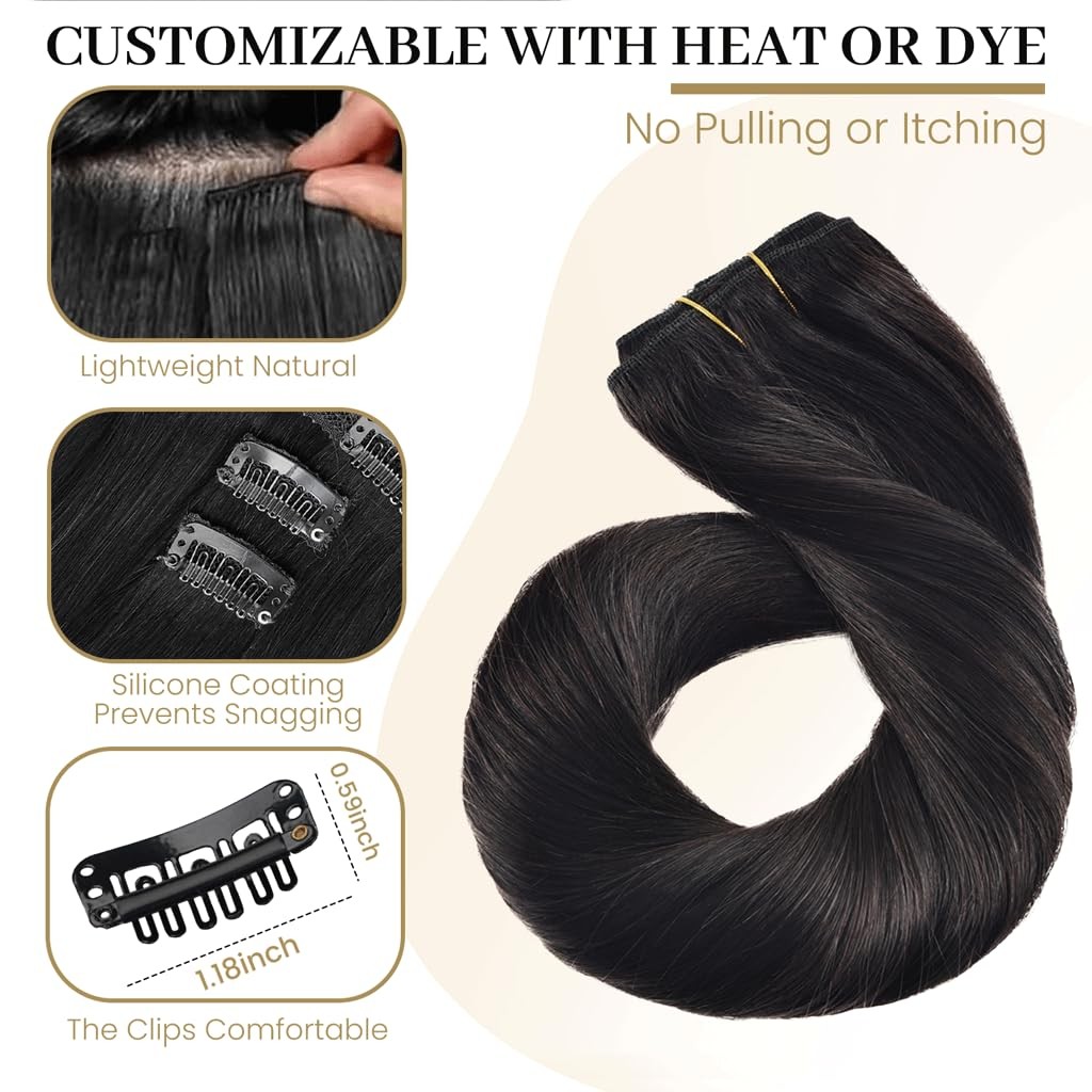 Clip in Hair Extensions Remy Human Hair 12inch 70g #1B Natural Black – Soft