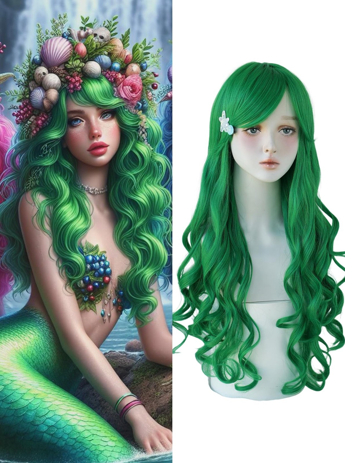 7Jhh Wigs Long Wavy Costume Wigs Cosplay Mermaid Green Wig For Women Halloween