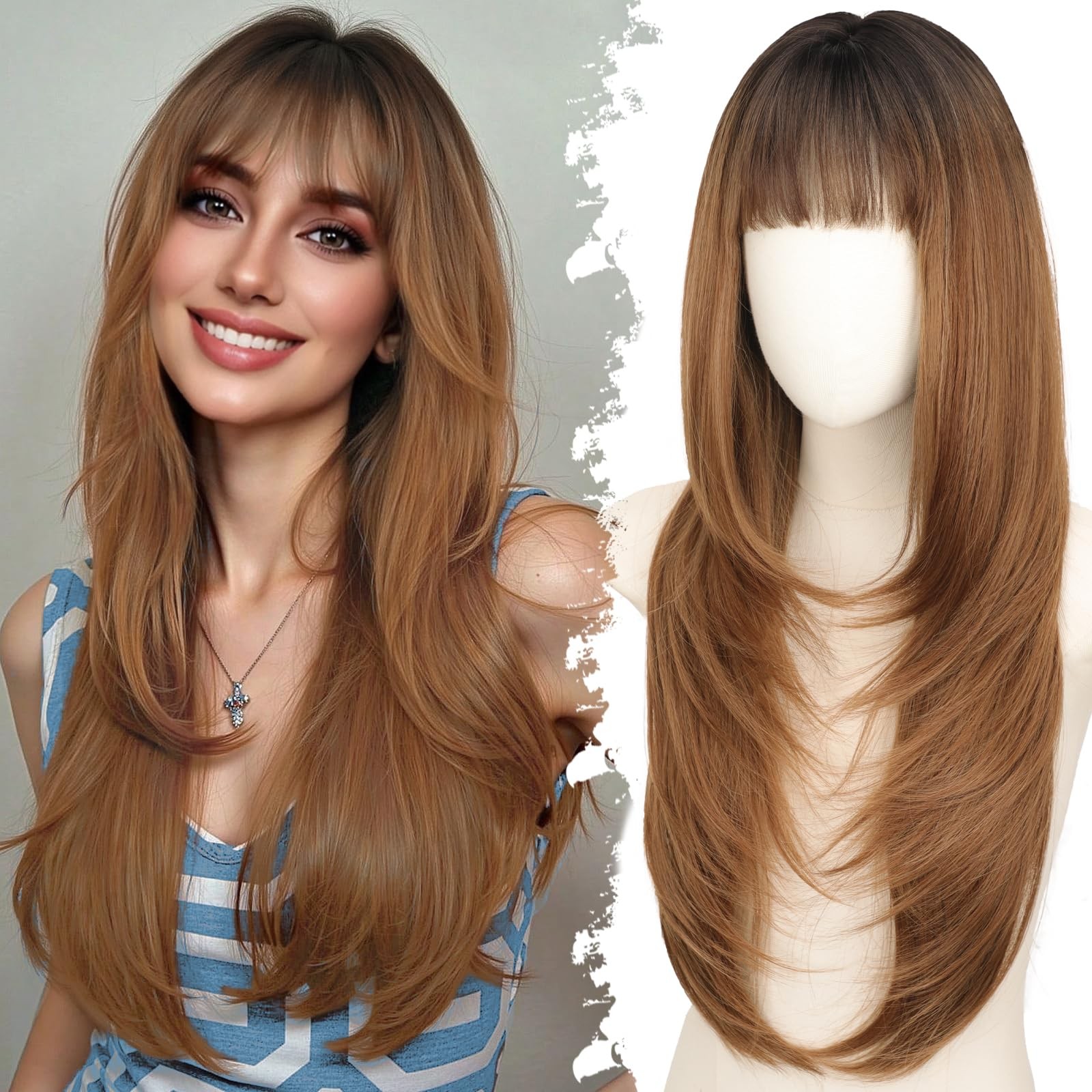 Eawwii Long Light Brown Wig w/ Bangs for Women – Dark Root, 4×4 Lace, 26″