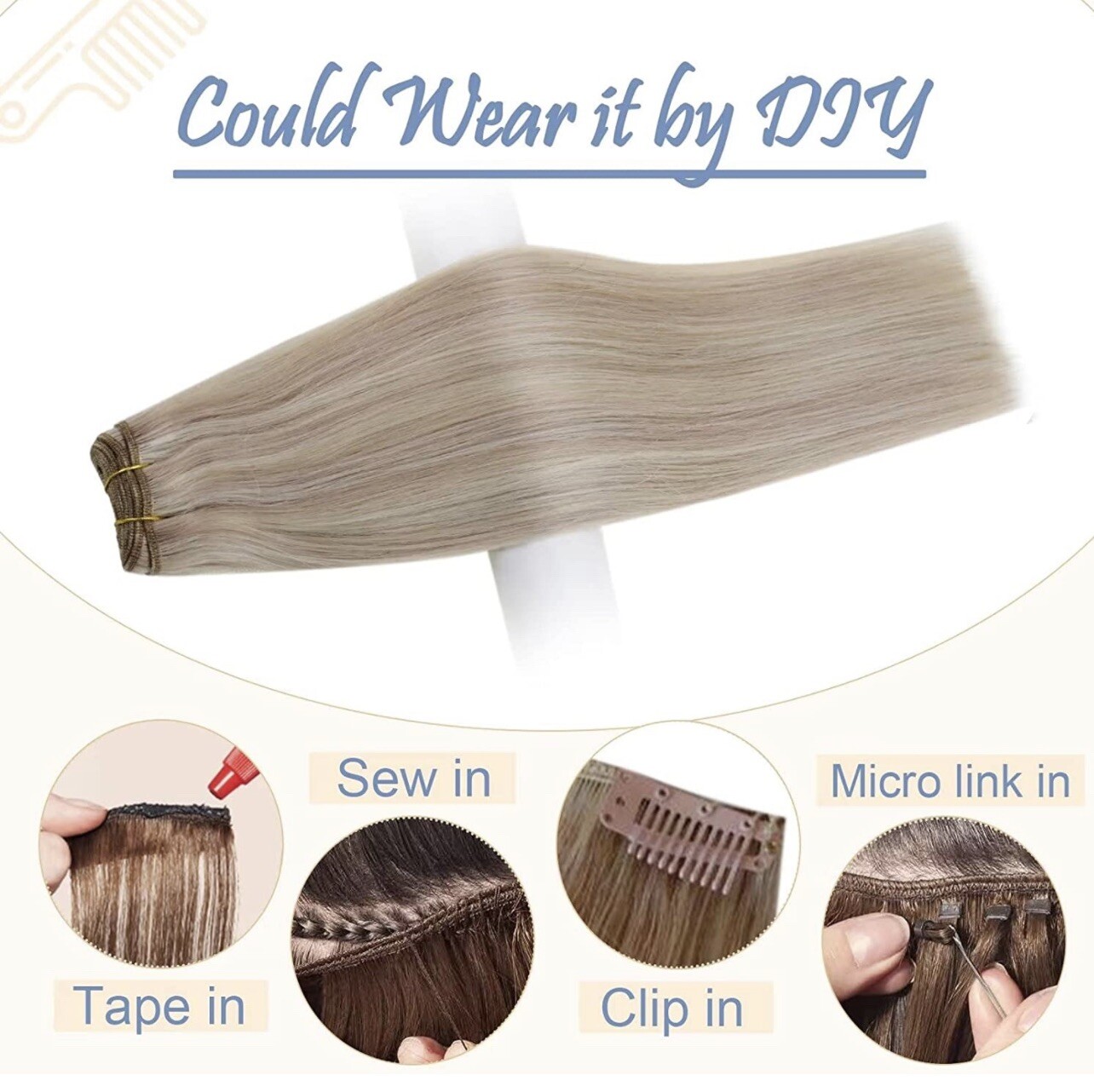 Easyouth Ash Blonde Sew in Hair Extensions Human Hair 12inch 70g