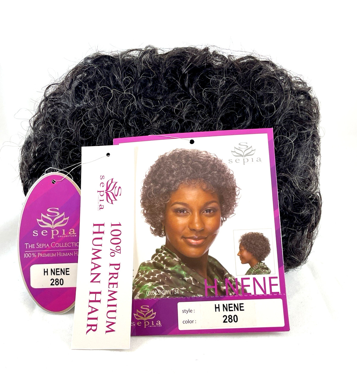 Sepia Wig 100% Premium Human Hair Style H Nene Color 280 Curly Black with Gray