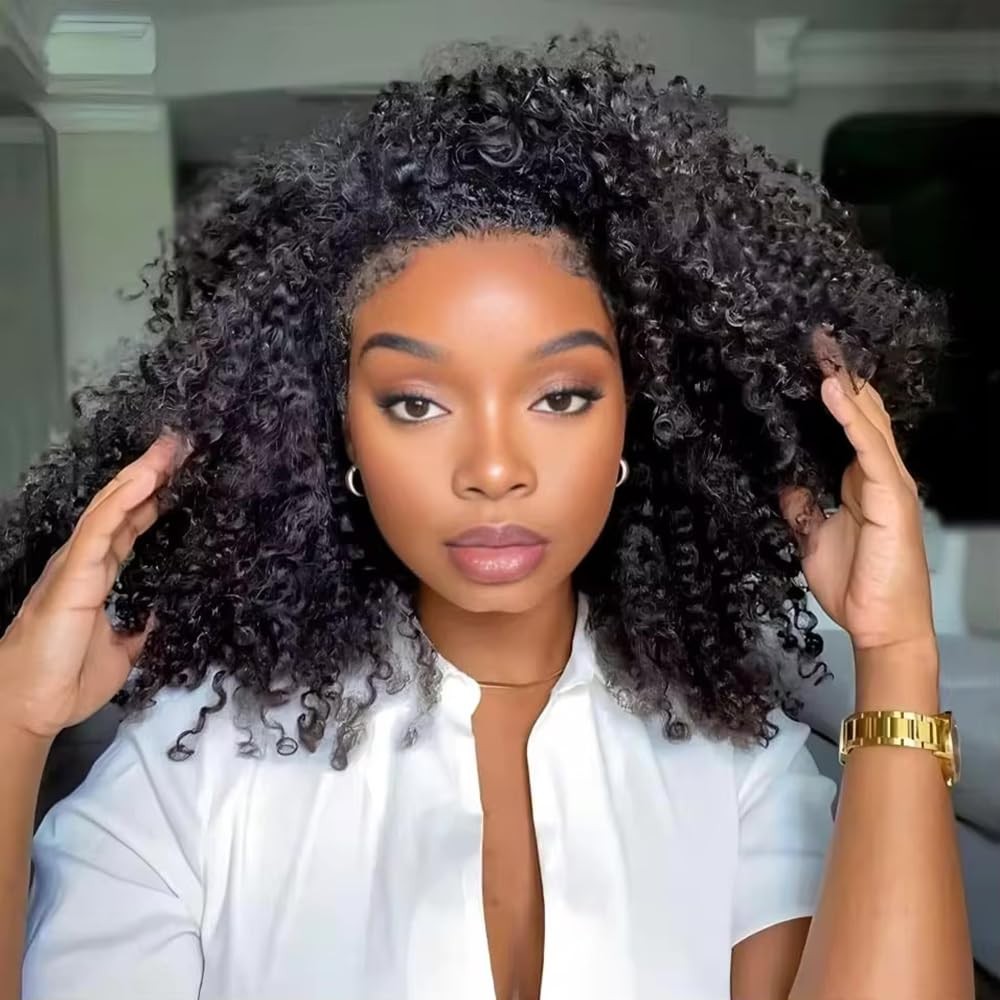 Bangxunk Kinky Curly Half Wig Human Hair 200 Density 3 In 1 Seamless Clip Ins