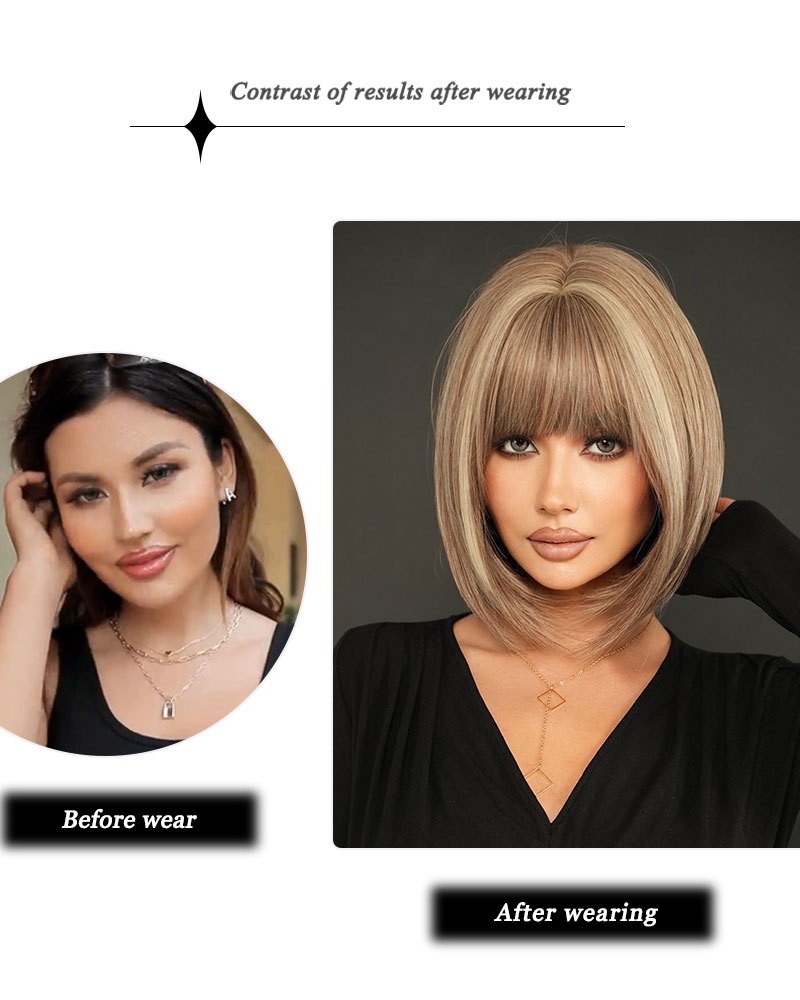 Short Bob Wig Brown Blonde mix Beige Highlight Full Head Fashion Sythenic Wigs