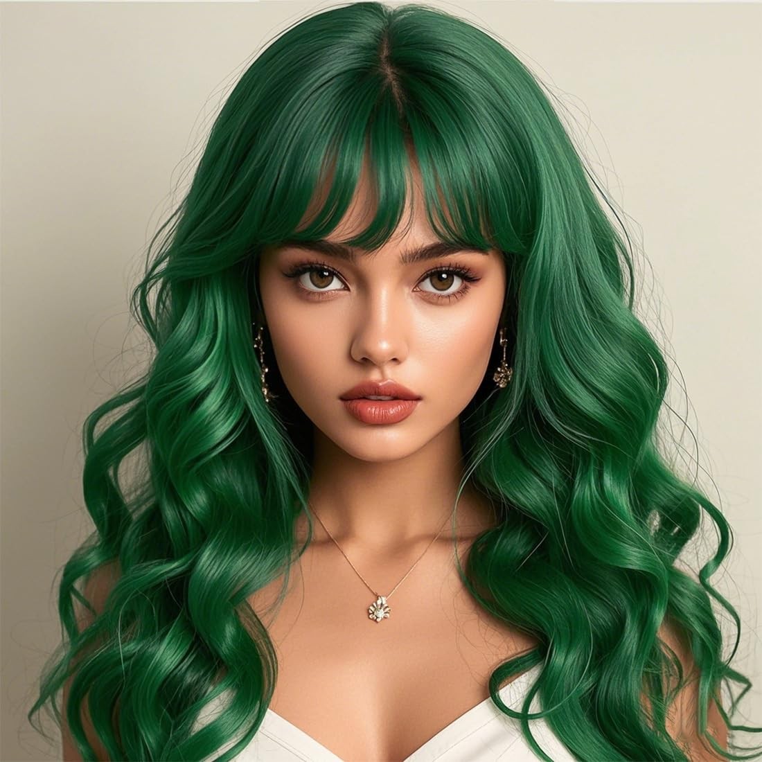 Womens Long Curly Wavy Green Wig with Bangs Synthetid Heat Resistant Hallowee…