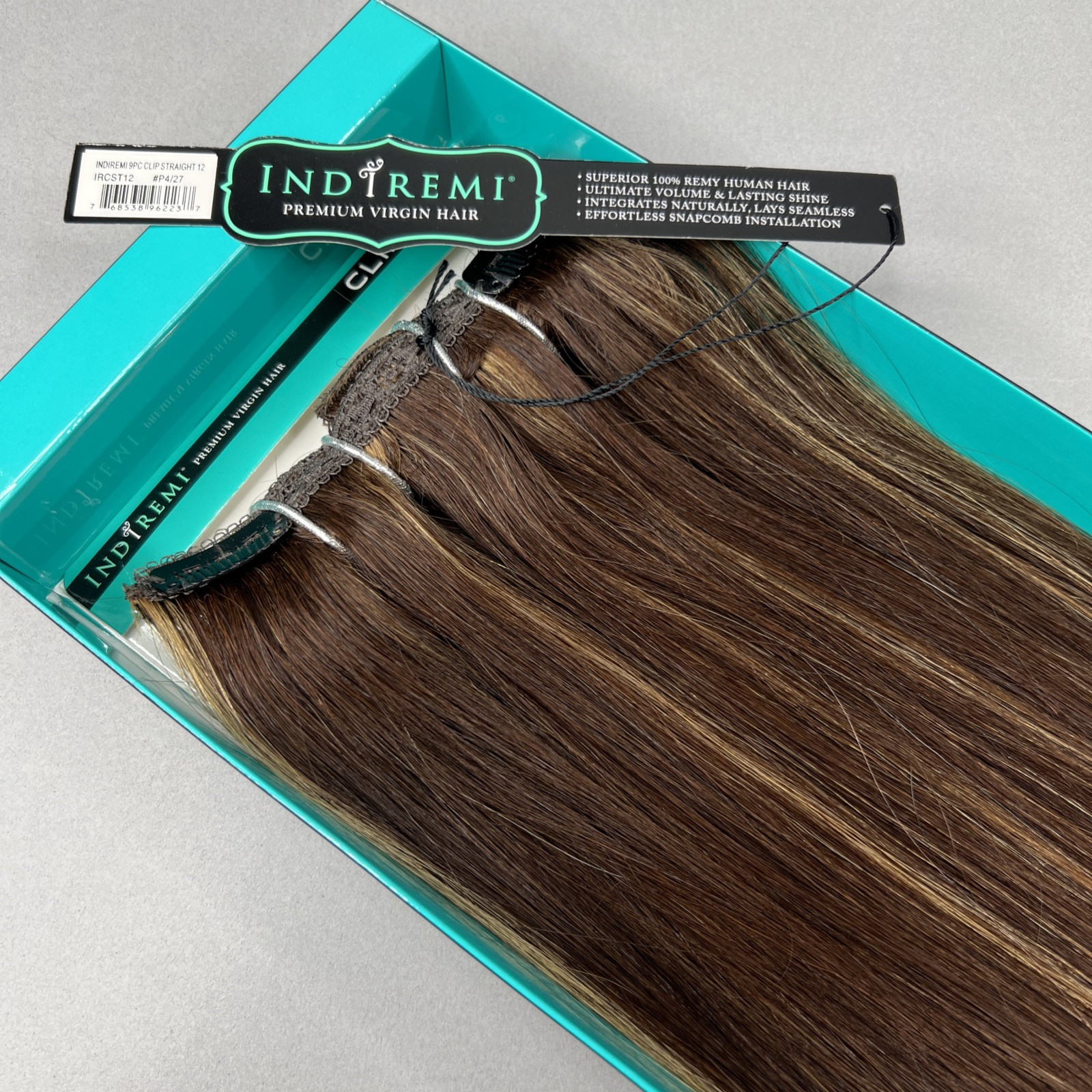 Indi Remi 9 Pc 12” Clip-in #4/27 Dark Brown & Honey Straight Human Virgin Hair