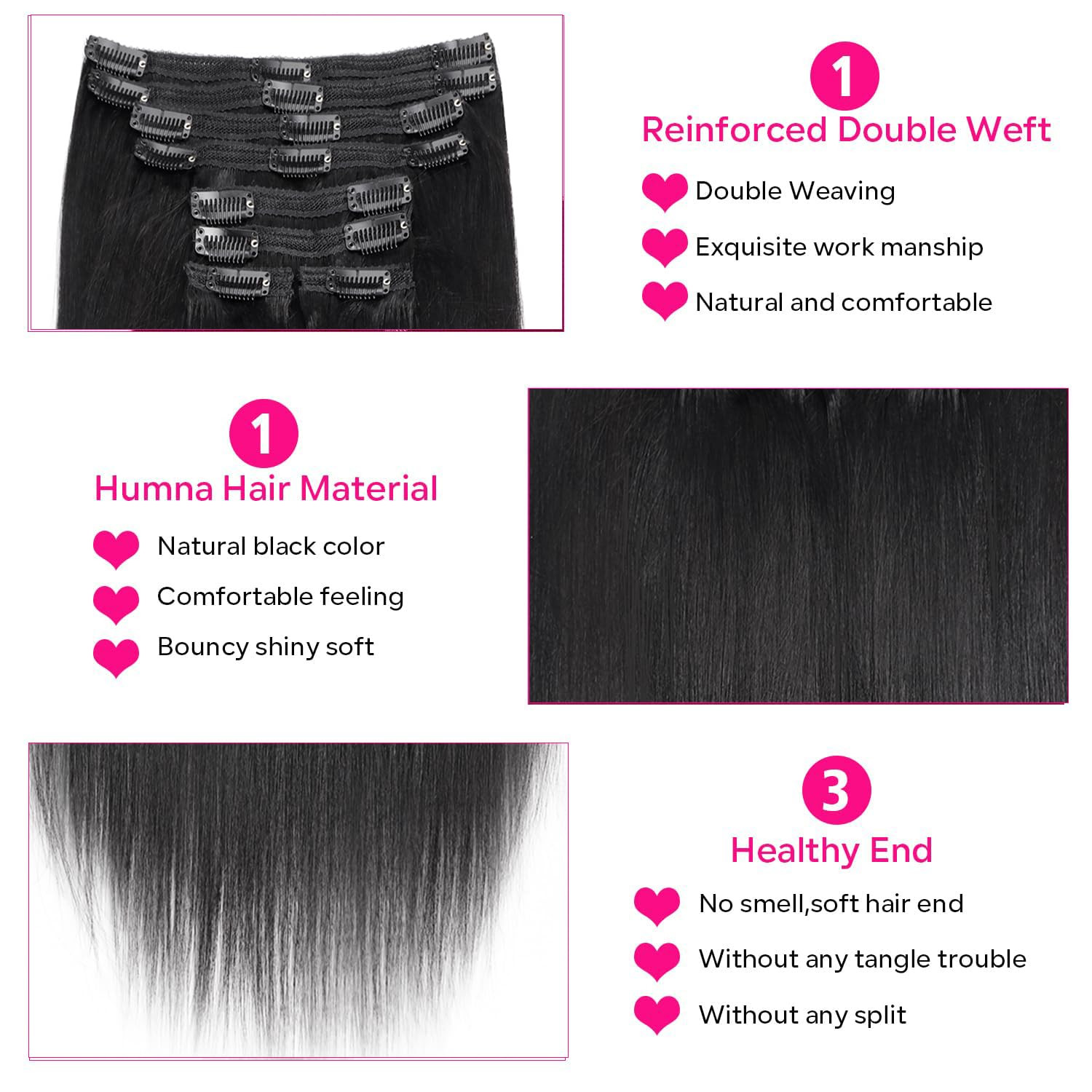 20″ Yaki Straight Clip-In Hair Extensions – Remy Human Hair #1B Natural Black