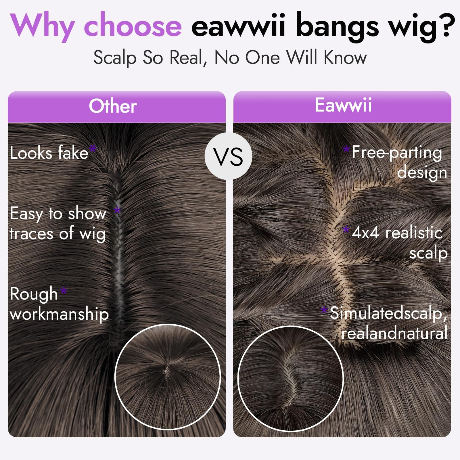 Eawwii Long Light Brown Wig w/ Bangs for Women – Dark Root, 4×4 Lace, 26″