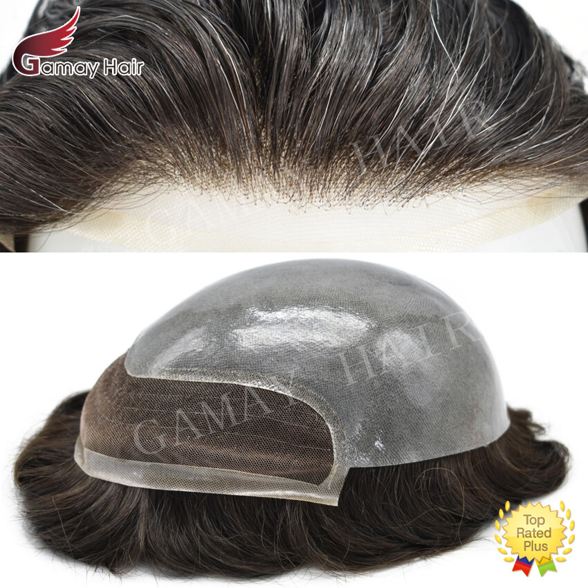 Mens Toupee French Lace Front Hairpieces Poly Skin PU Human Hair Systems for Men