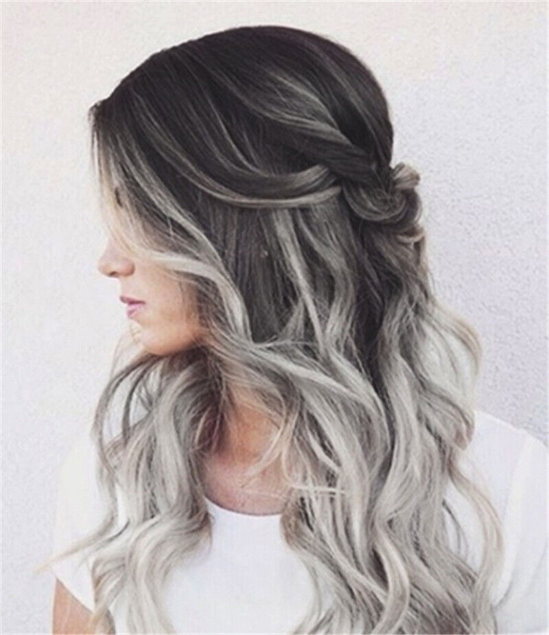 Women’s Ash Gray Silver Ombre Lace Long Wavy Curly Blonde Synthetic Wigs Hair US