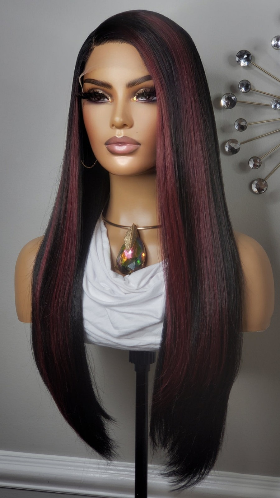 New Long Straight Style Burgundy Red Black Highlights Lace Front Wig Womens Hair