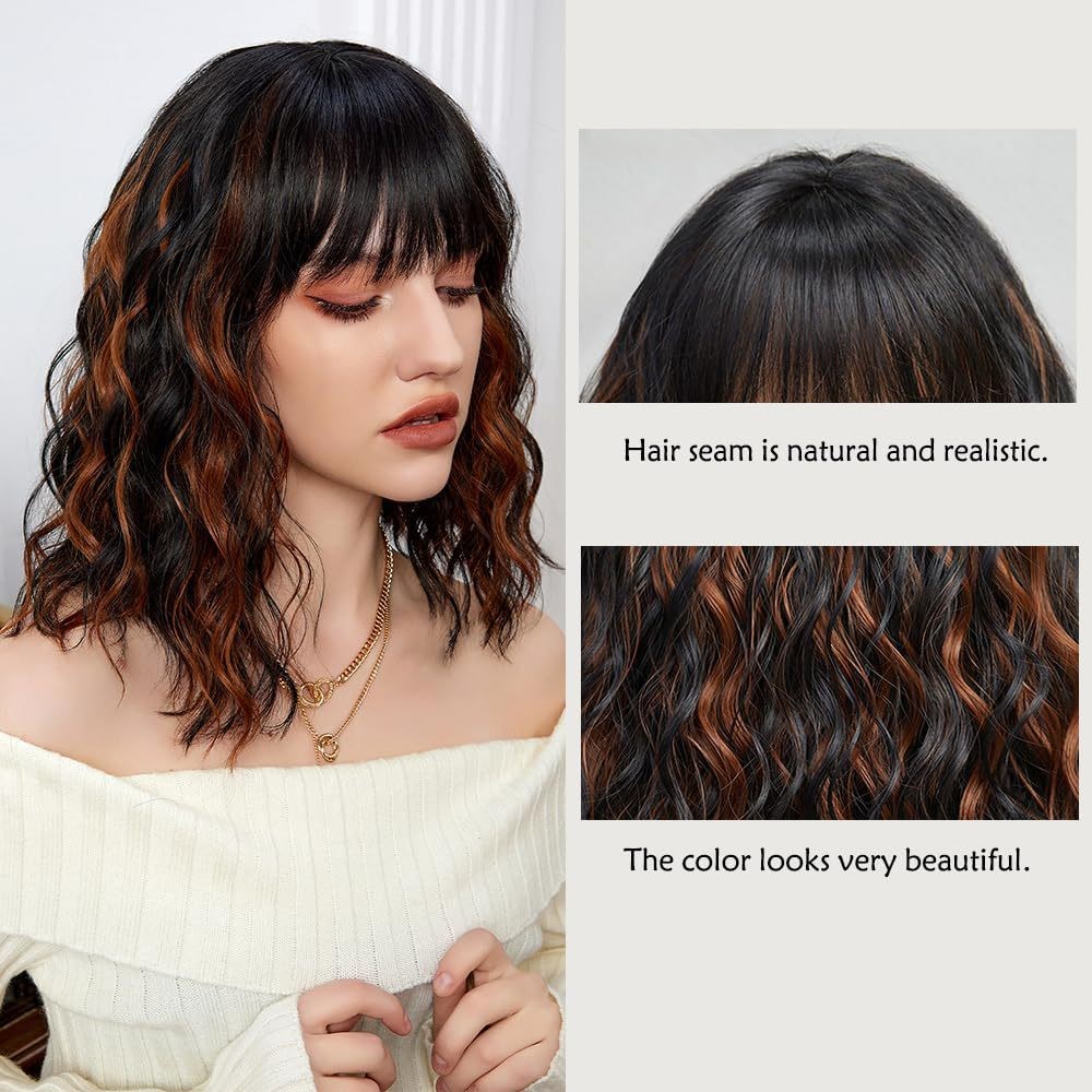Highlight Short Water Wave Curly Wig Heat Resistant Synthetic Full Wig for