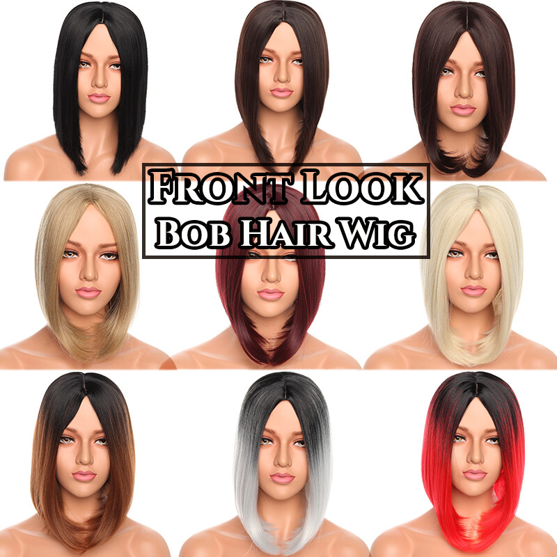 Full Synthetic Ombre Gray Brown Hair Straight Women Wigs with Rose net 12″ Long