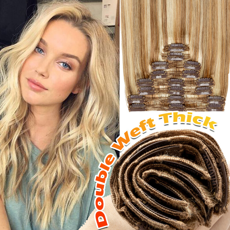 Double Wefts Thick Clip In Human Hair Extensions Real Remy Balayage Full Head US
