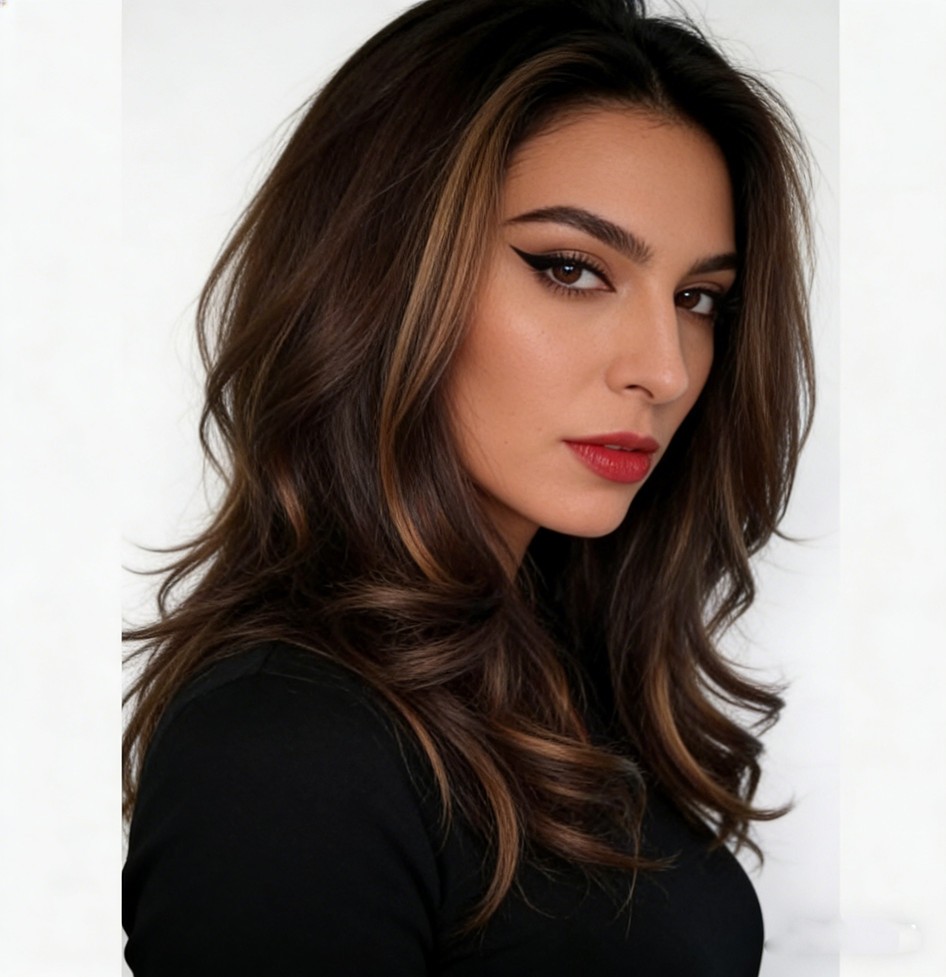 Women Dark Brown w/Gold Highlight Ombre Shoulder Length Curly Hair Wig-&&++