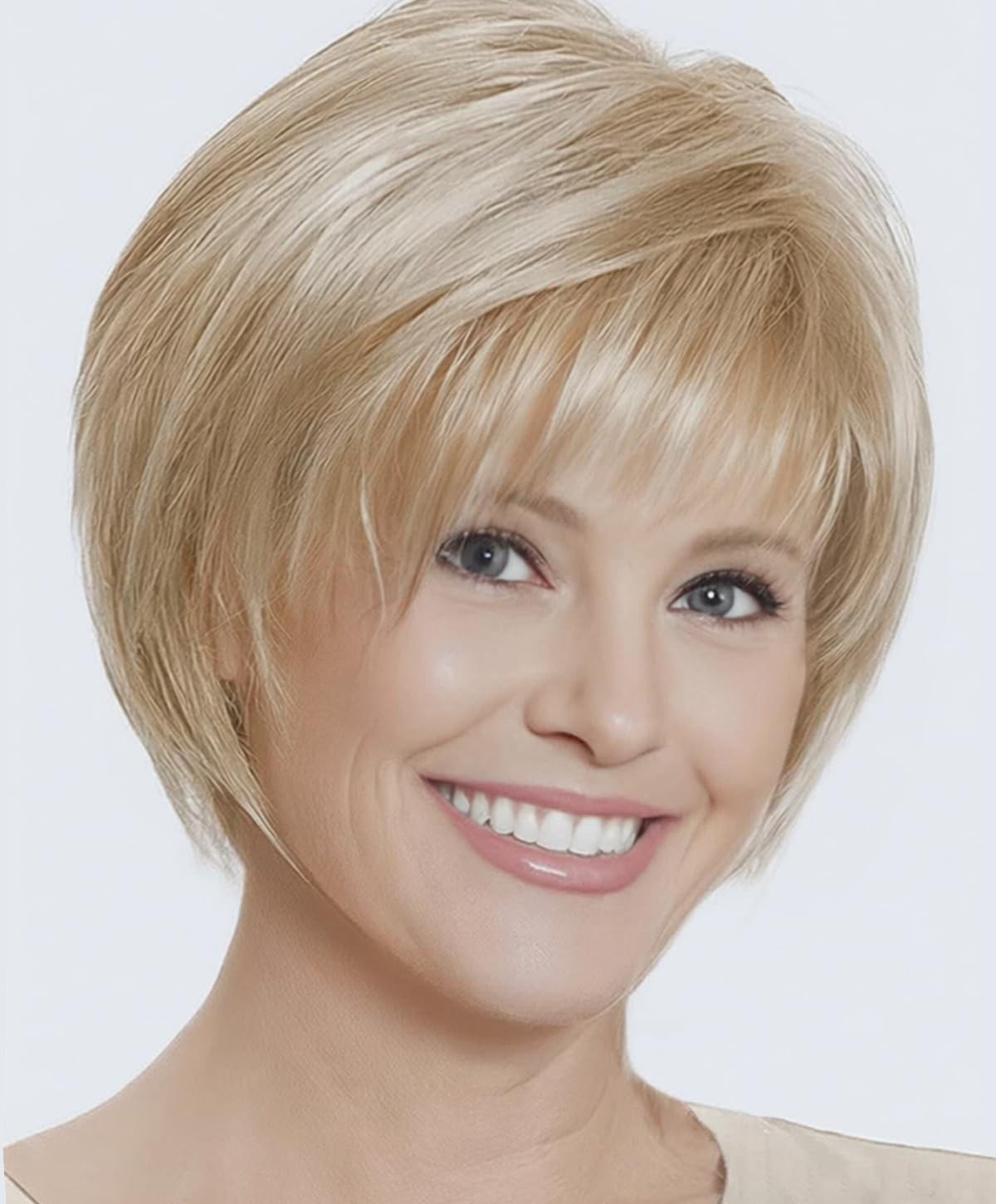 Fashionable Short Blonde Wig with Layers and Bangs – Easy-to-Wear Synthetic Hair