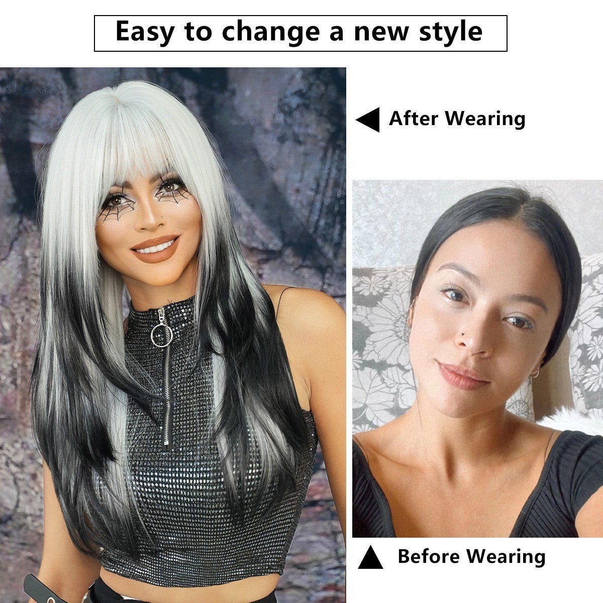 Silver-white gradually darkening black long straight hair high-level wig