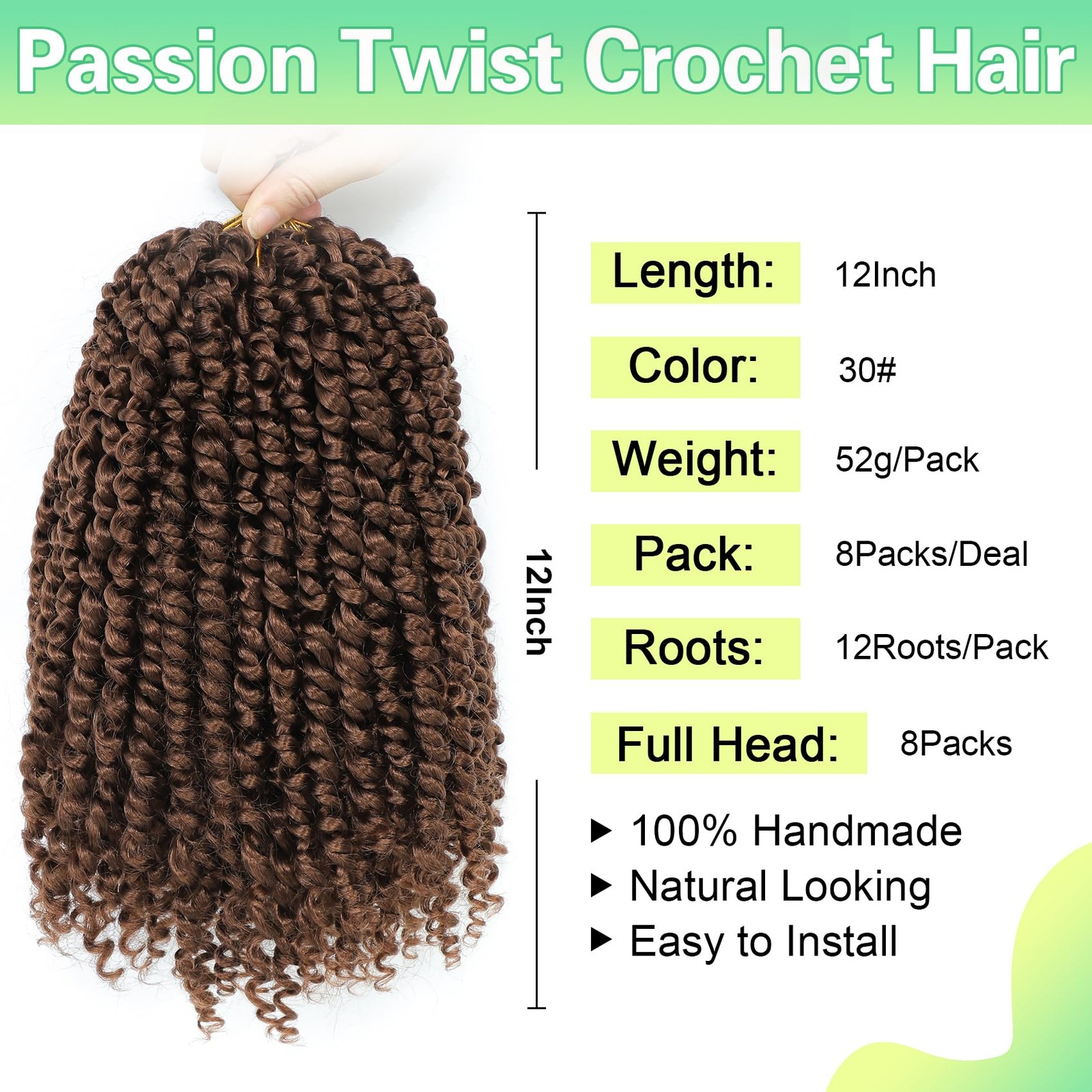 12″ Pre-Twisted Passion Twist Crochet Hair – 8 Packs, Curly, 30# for Black Women